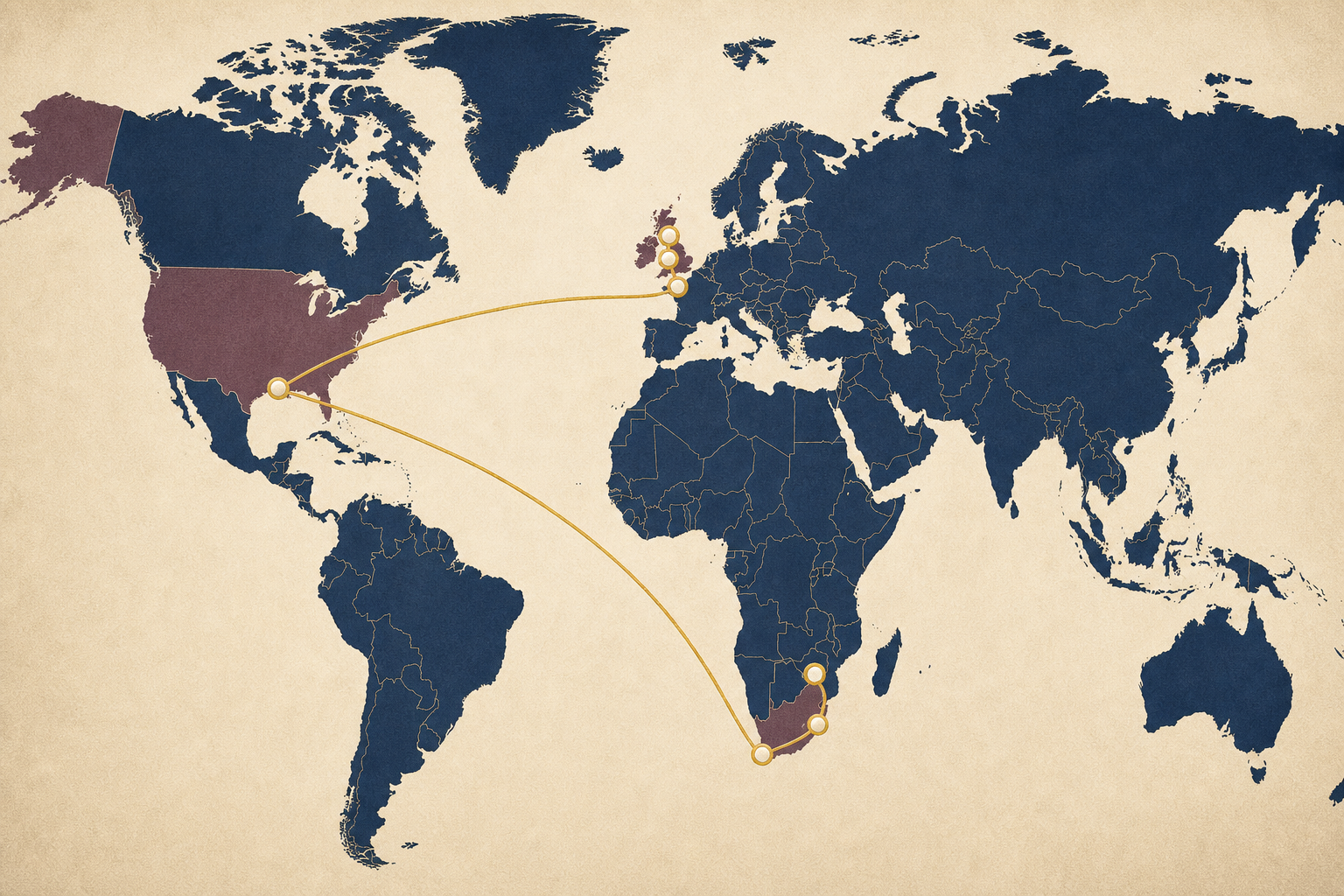 Map of Joshua's round-trip journey from Dallas through England and South Africa